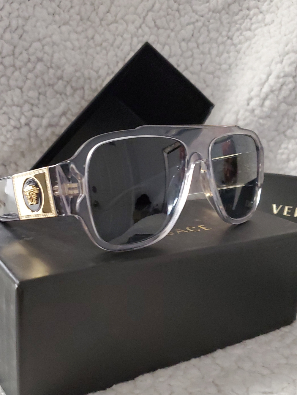 Versace Clear Frames with Black Lenses and Gold Accents